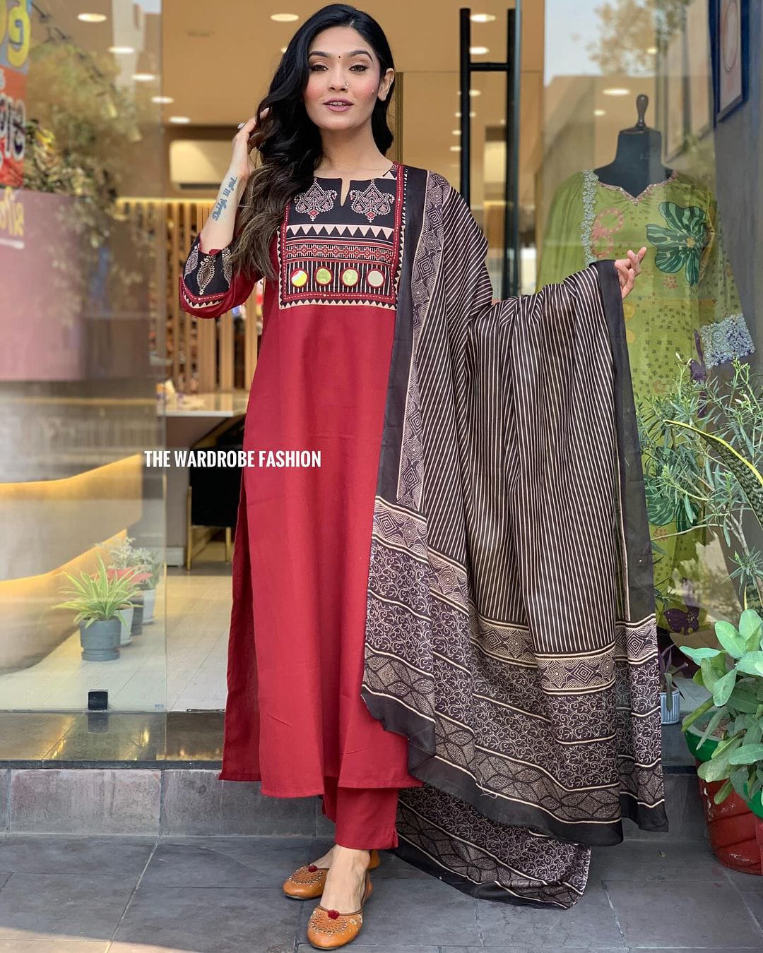 Maroon Cotton Kurti Set with Adda Work, Border Sleeves & Mulmul Dupatta