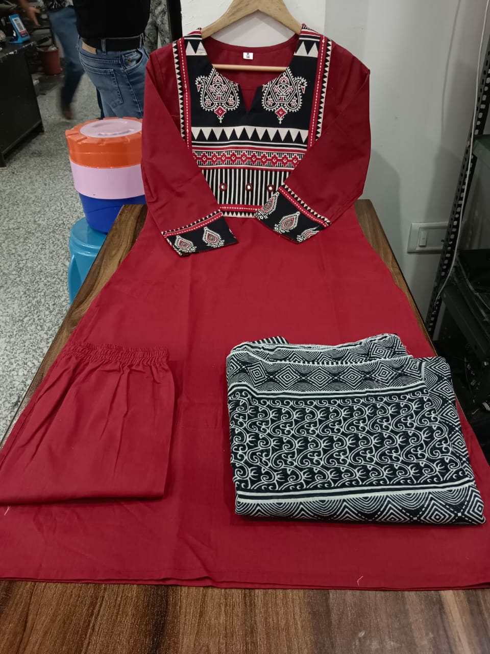 Maroon Cotton Kurti Set with Adda Work, Border Sleeves & Mulmul Dupatta