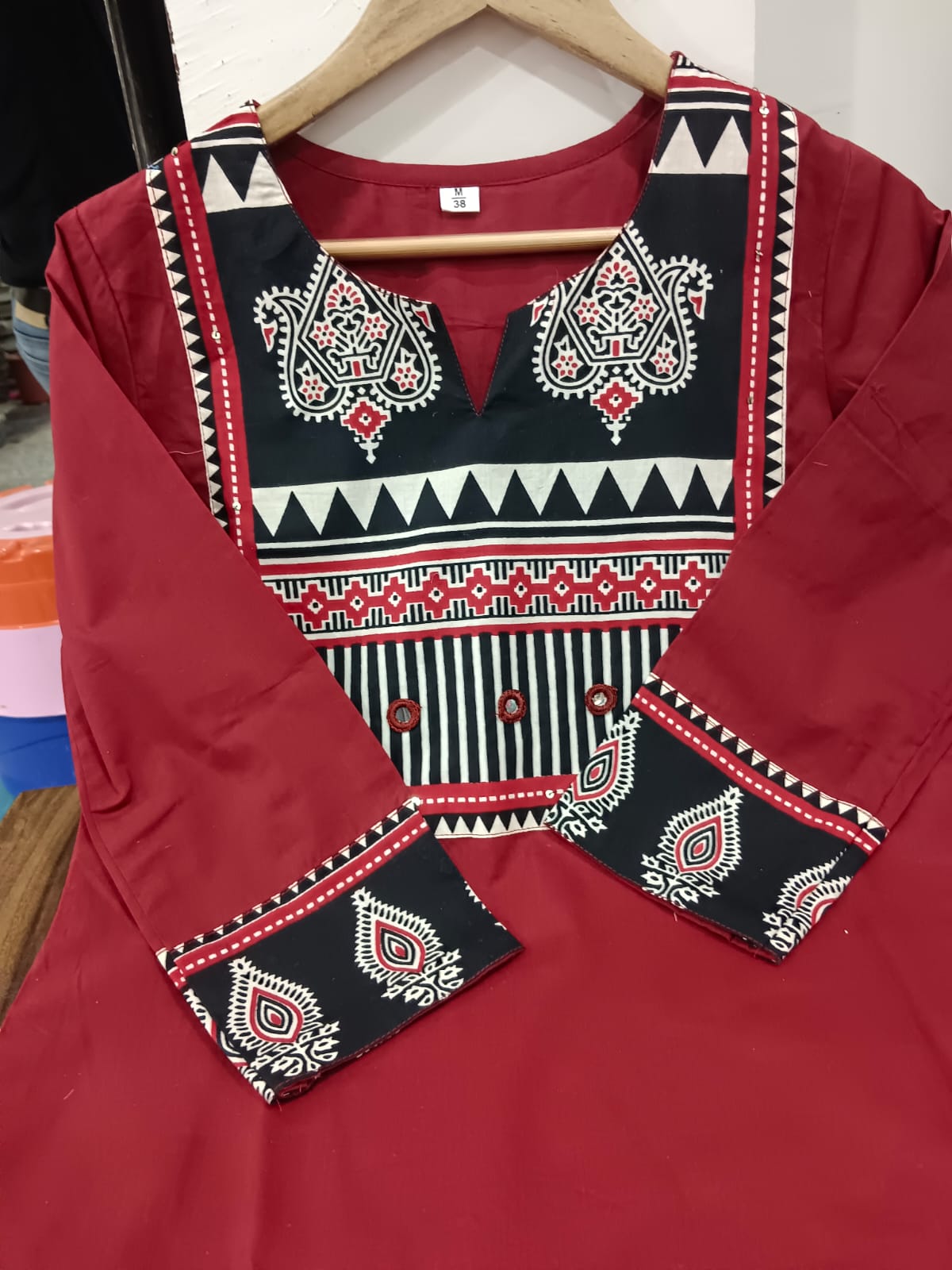 Maroon Cotton Kurti Set with Adda Work, Border Sleeves & Mulmul Dupatta