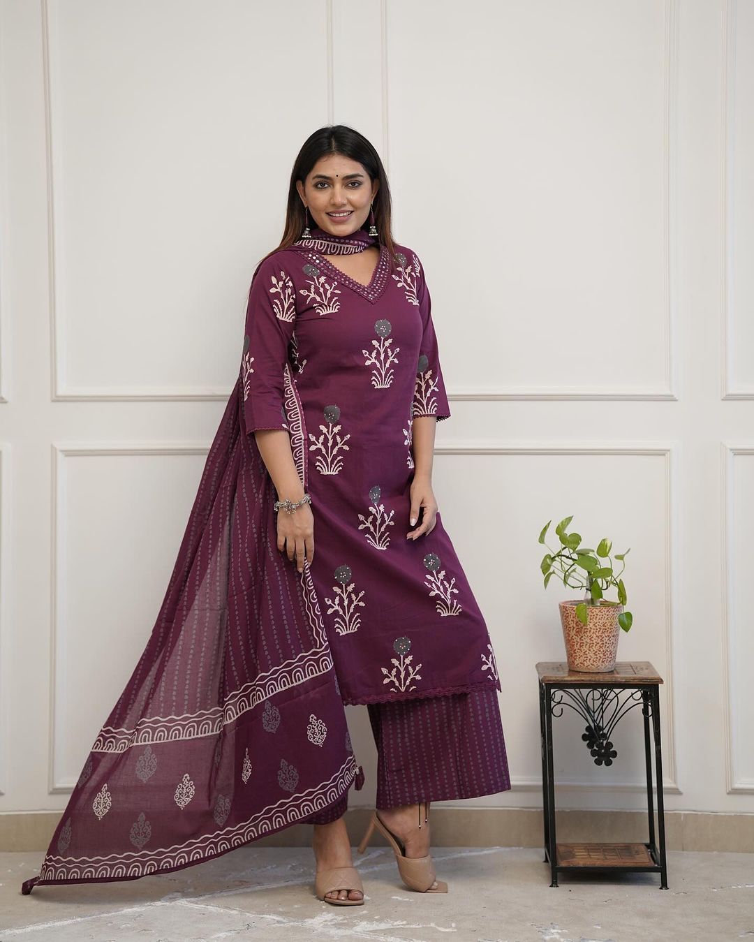 Wine Colored Cotton Kurti Palazzo Set with Lace & Sequence Work