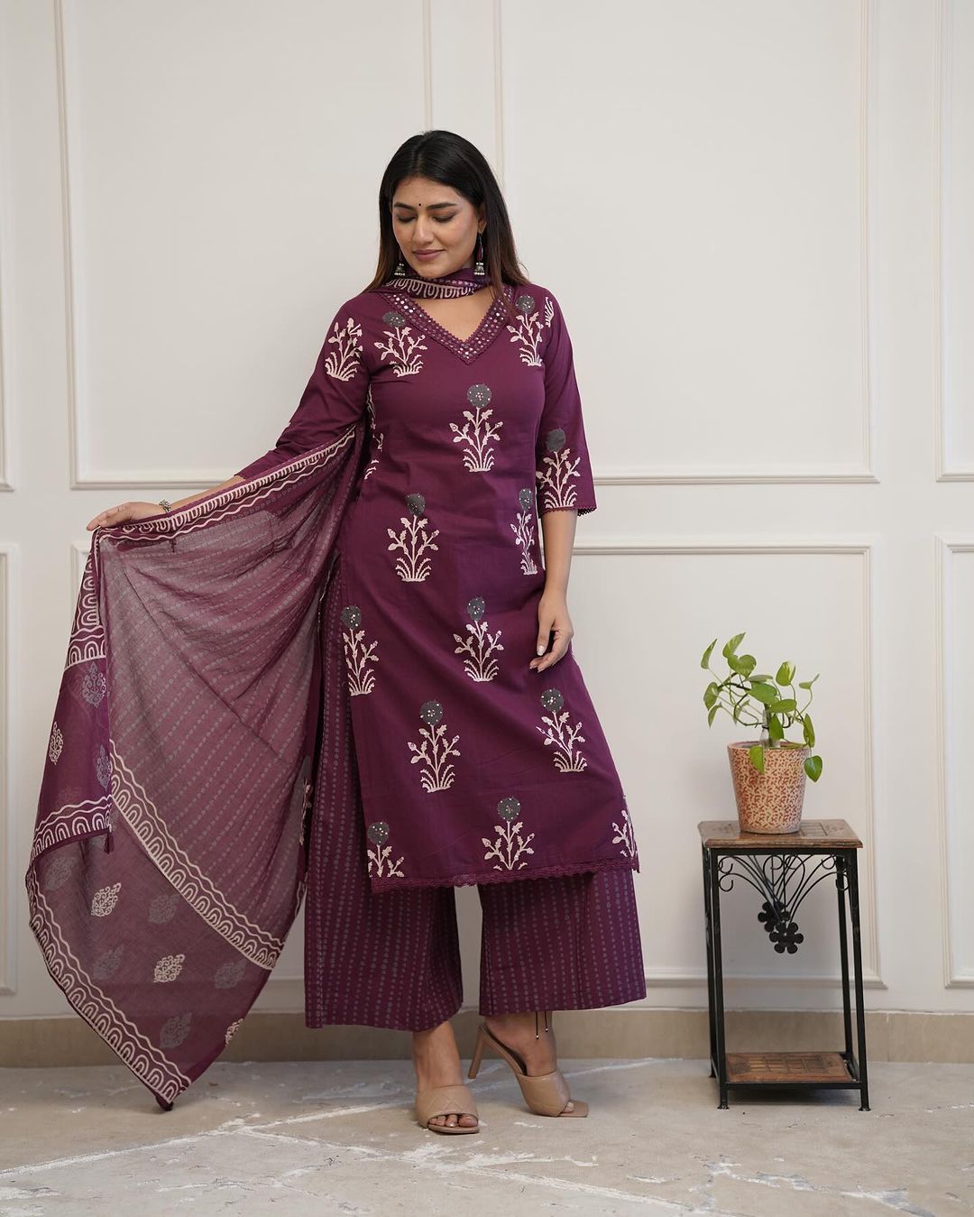 Wine Colored Cotton Kurti Palazzo Set with Lace & Sequence Work