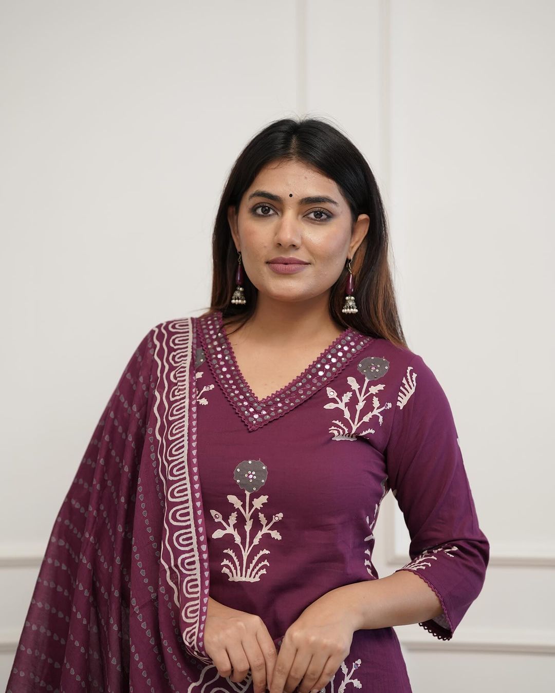 Wine Colored Cotton Kurti Palazzo Set with Lace & Sequence Work