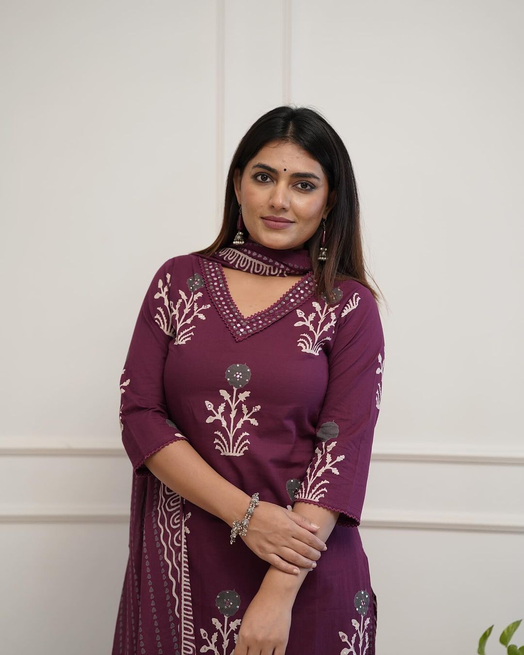 Wine Colored Cotton Kurti Palazzo Set with Lace & Sequence Work