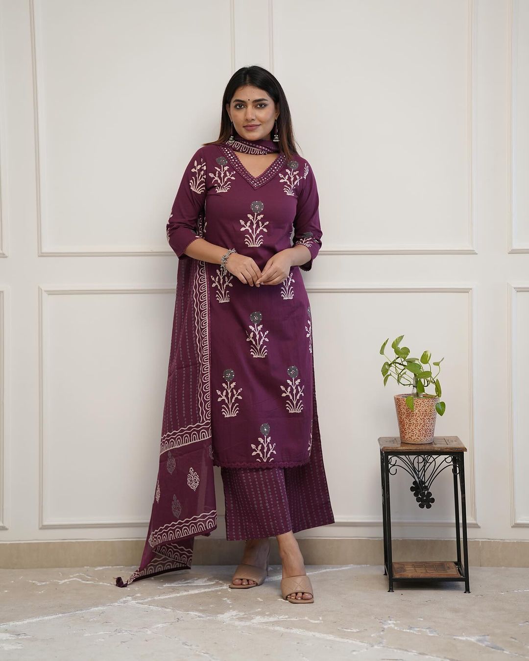 Wine Colored Cotton Kurti Palazzo Set with Lace & Sequence Work