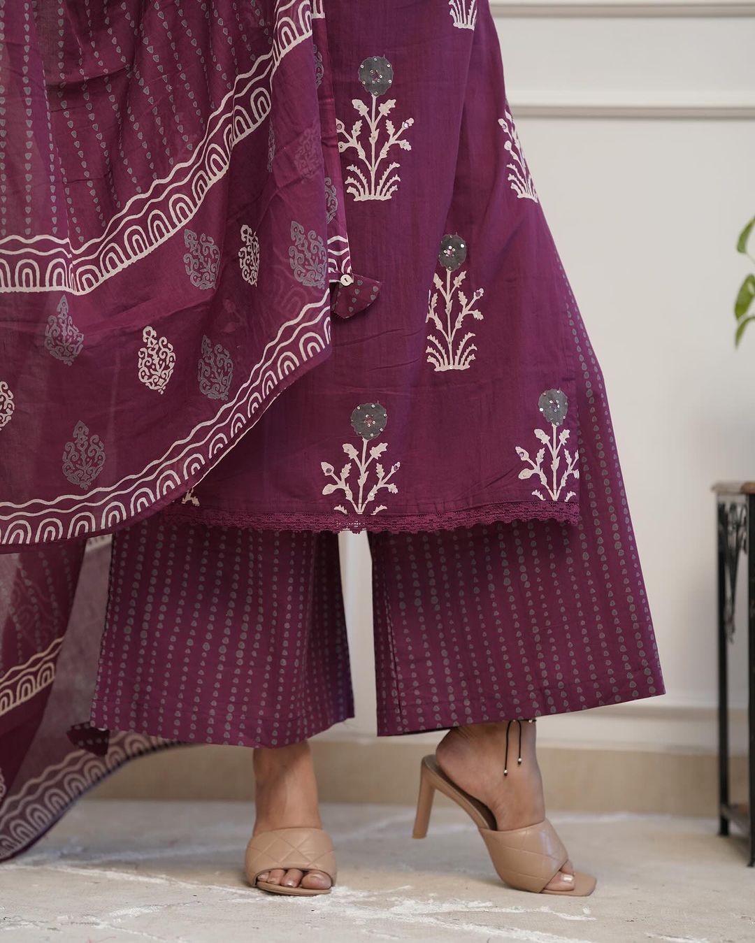 Wine Colored Cotton Kurti Palazzo Set with Lace & Sequence Work