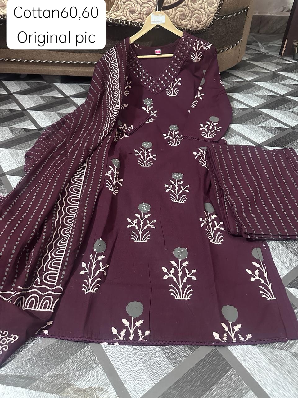 Wine Colored Cotton Kurti Palazzo Set with Lace & Sequence Work
