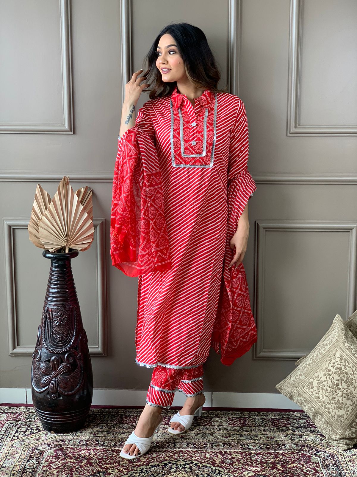 Cotton Kurta Set with Lace Adorned Yoke and Afghani Pant