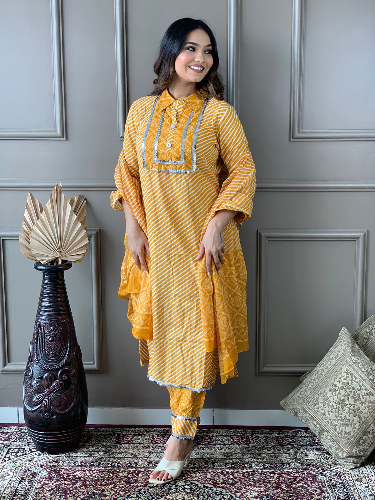 Cotton Kurta Set with Lace Adorned Yoke and Afghani Pant