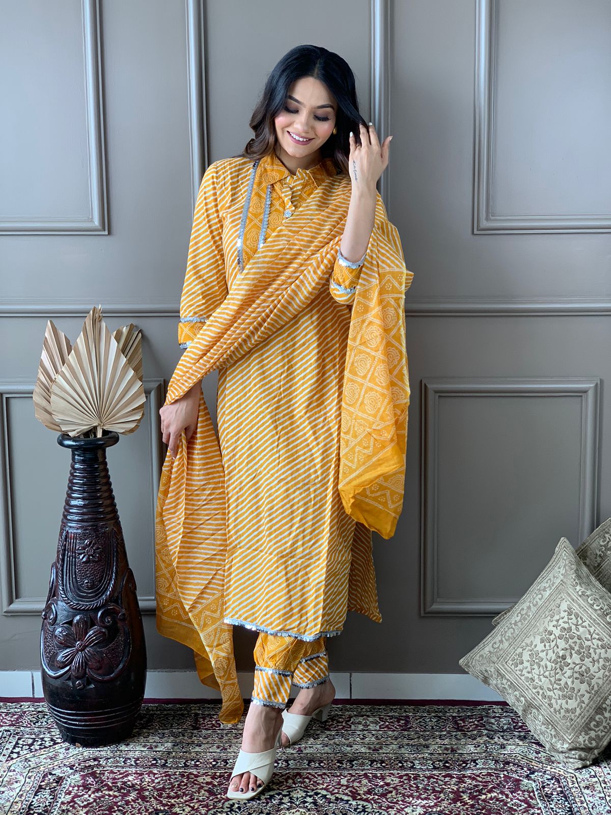 Cotton Kurta Set with Lace Adorned Yoke and Afghani Pant