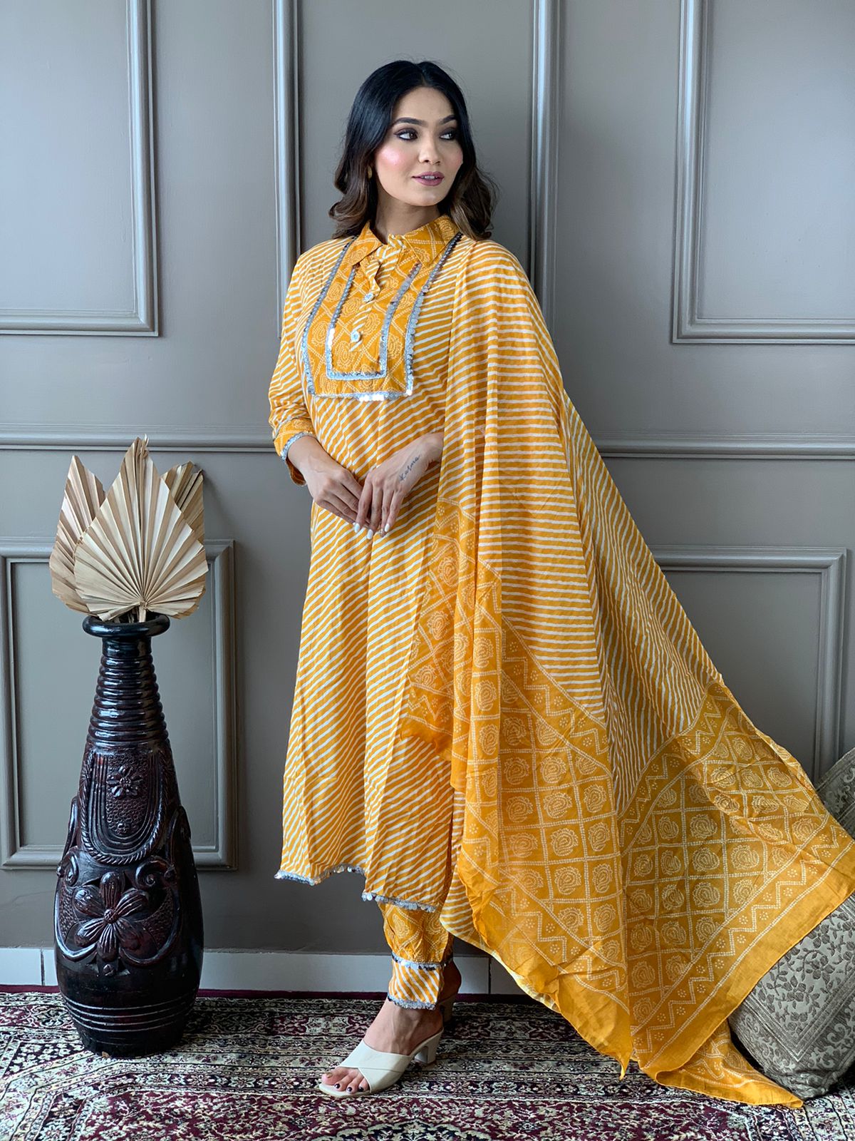 Cotton Kurta Set with Lace Adorned Yoke and Afghani Pant