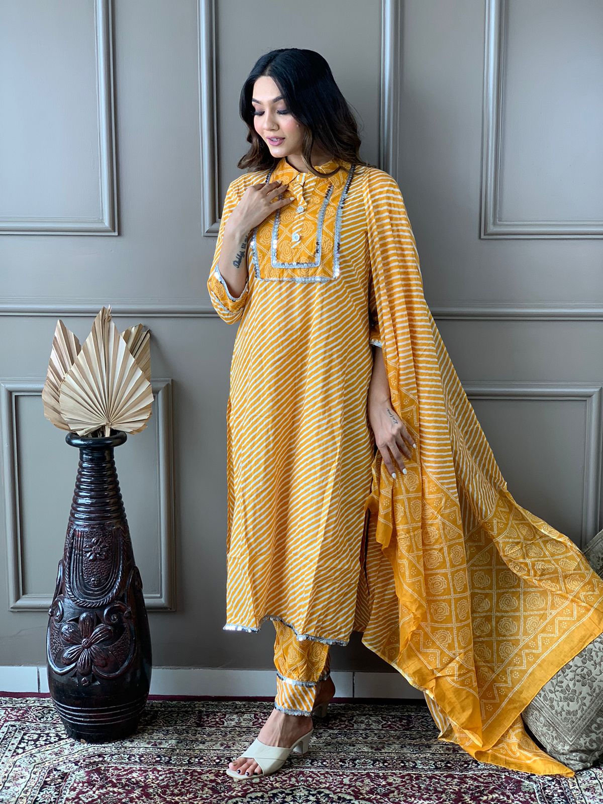 Cotton Kurta Set with Lace Adorned Yoke and Afghani Pant