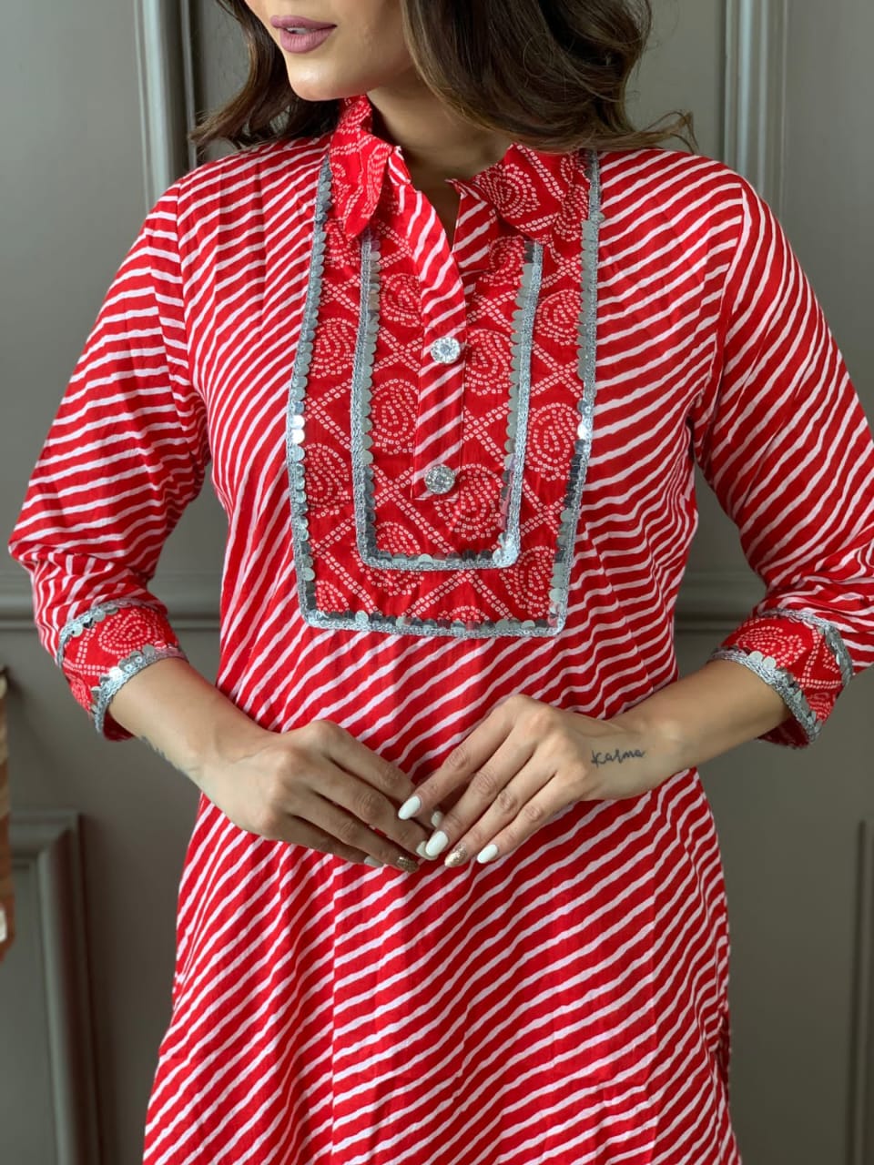 Cotton Kurta Set with Lace Adorned Yoke and Afghani Pant