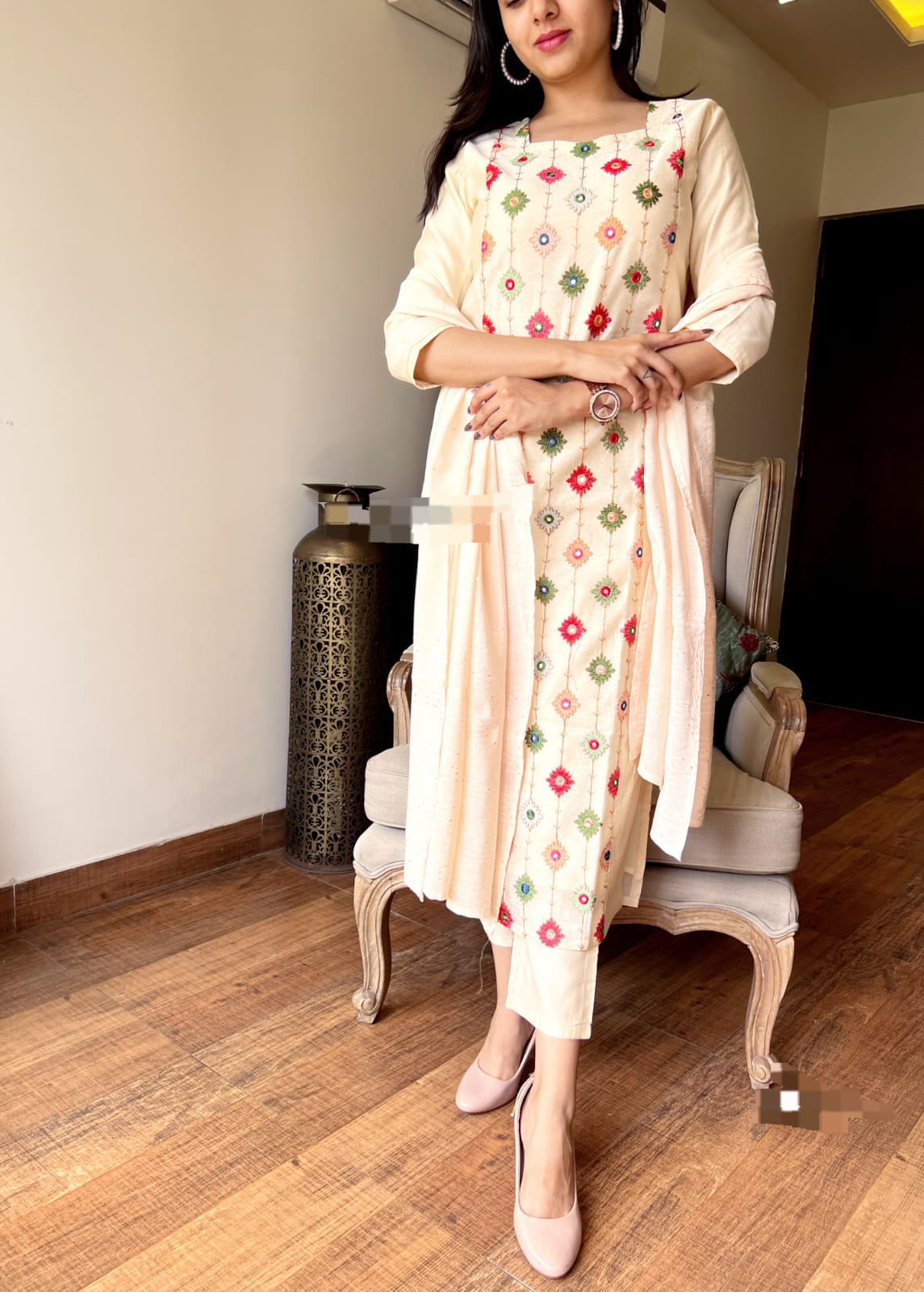 Cream Colored Cotton Embroidered Suit Set with Self-Zari Dupatta