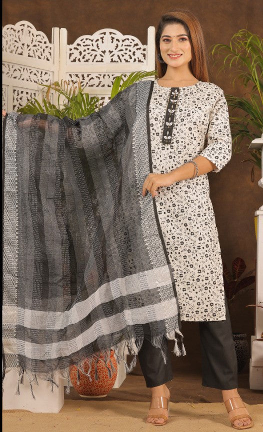 Cotton Kurti with Tie Work, Bottom, and Dupatta Set