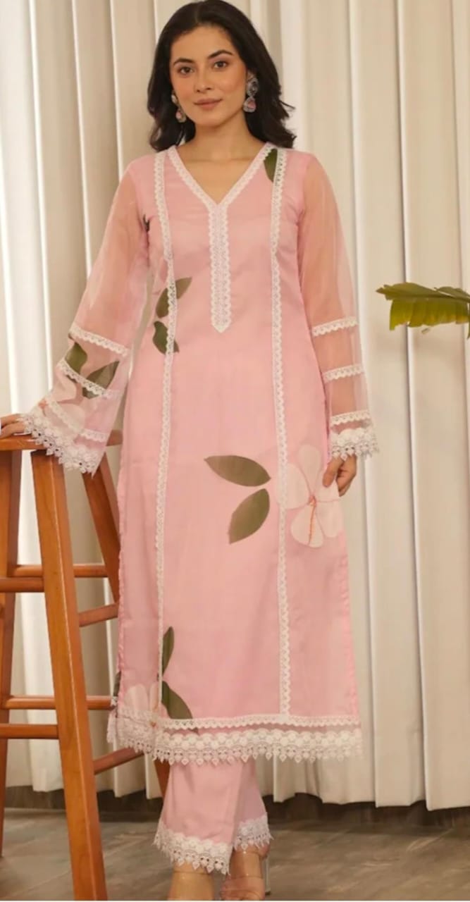 Cotton Kurti Pant Set with Organza Dupatta