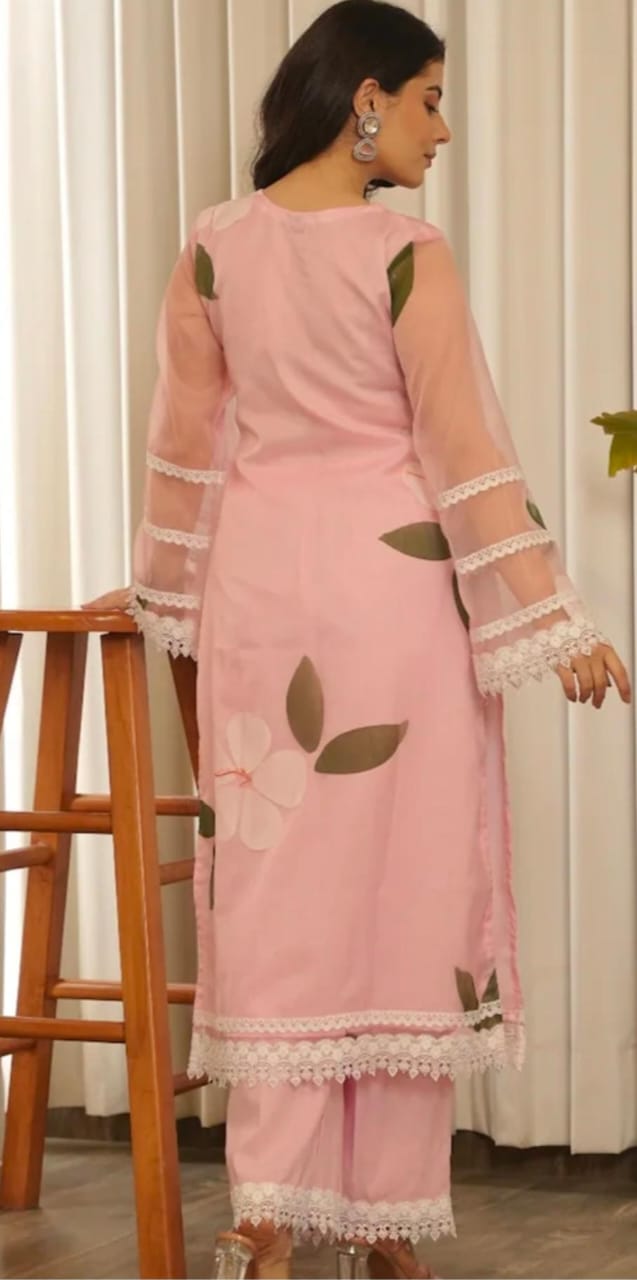 Cotton Kurti Pant Set with Organza Dupatta