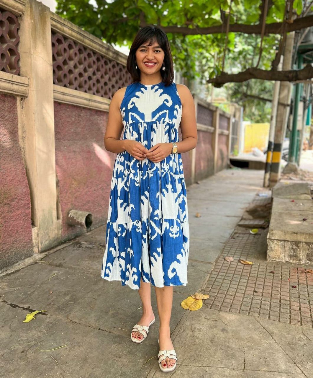 Blue Printed Lotus Flower Cotton Midi Dress