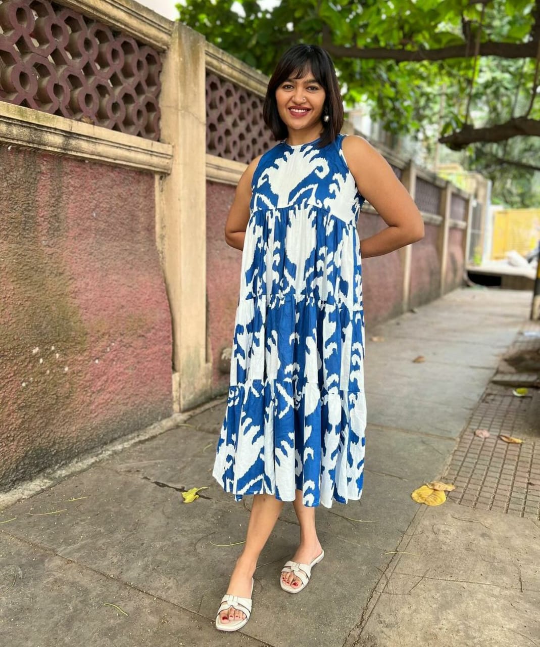 Blue Printed Lotus Flower Cotton Midi Dress