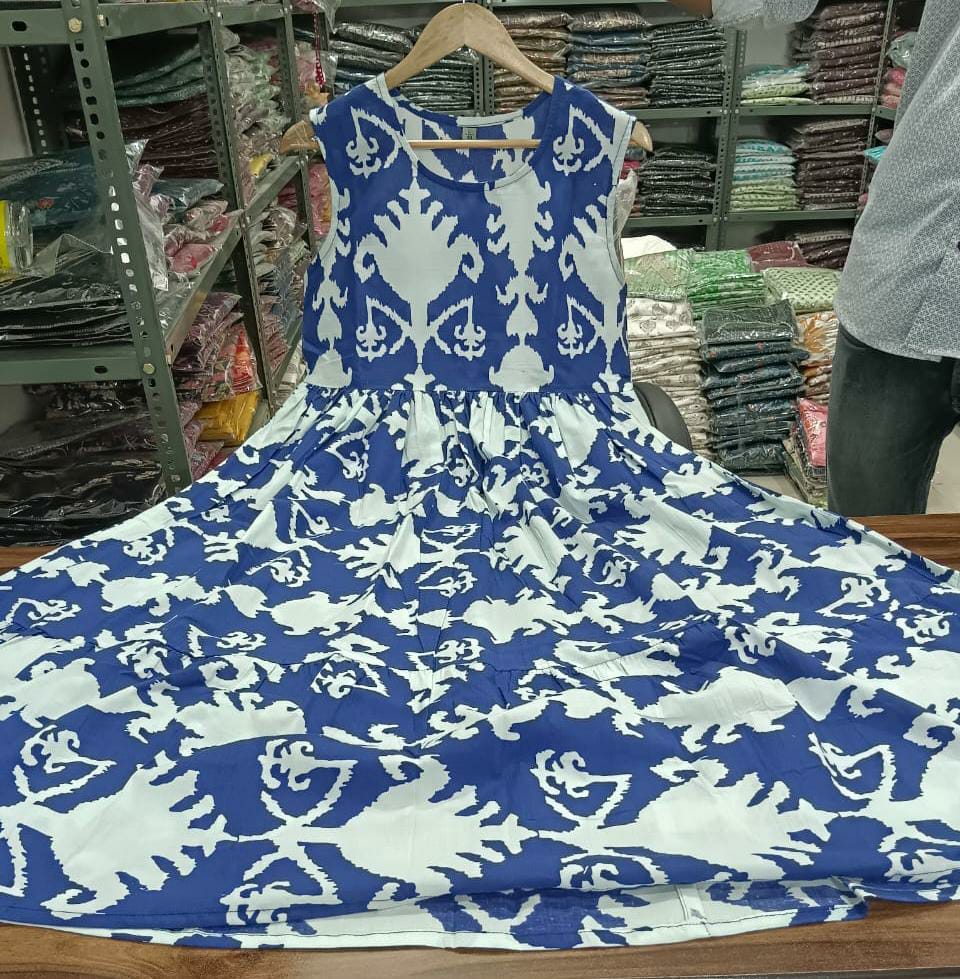 Blue Printed Lotus Flower Cotton Midi Dress