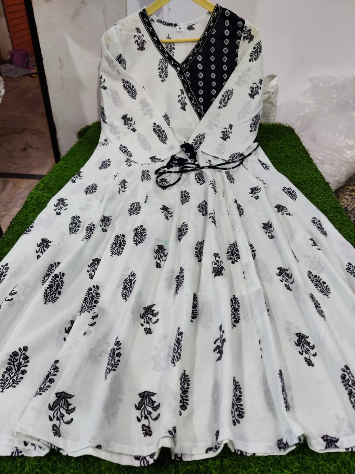 Striking Black and White Angrakha Kurta Set with Dupatta