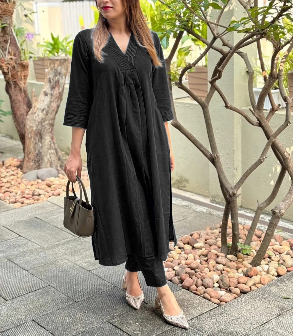 Black Cotton Kurta Co-Ord Set with Elegant Katha Work Accents