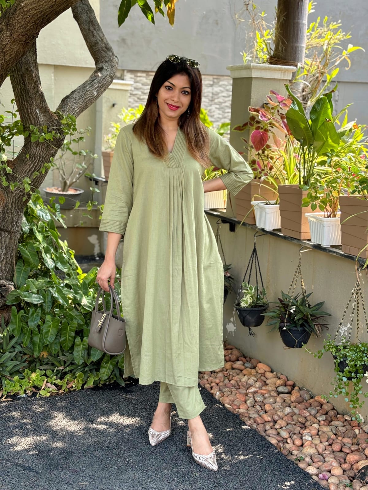 Breezy Bliss Cotton Co-ord Set in Pastel Green with Katha Detailing