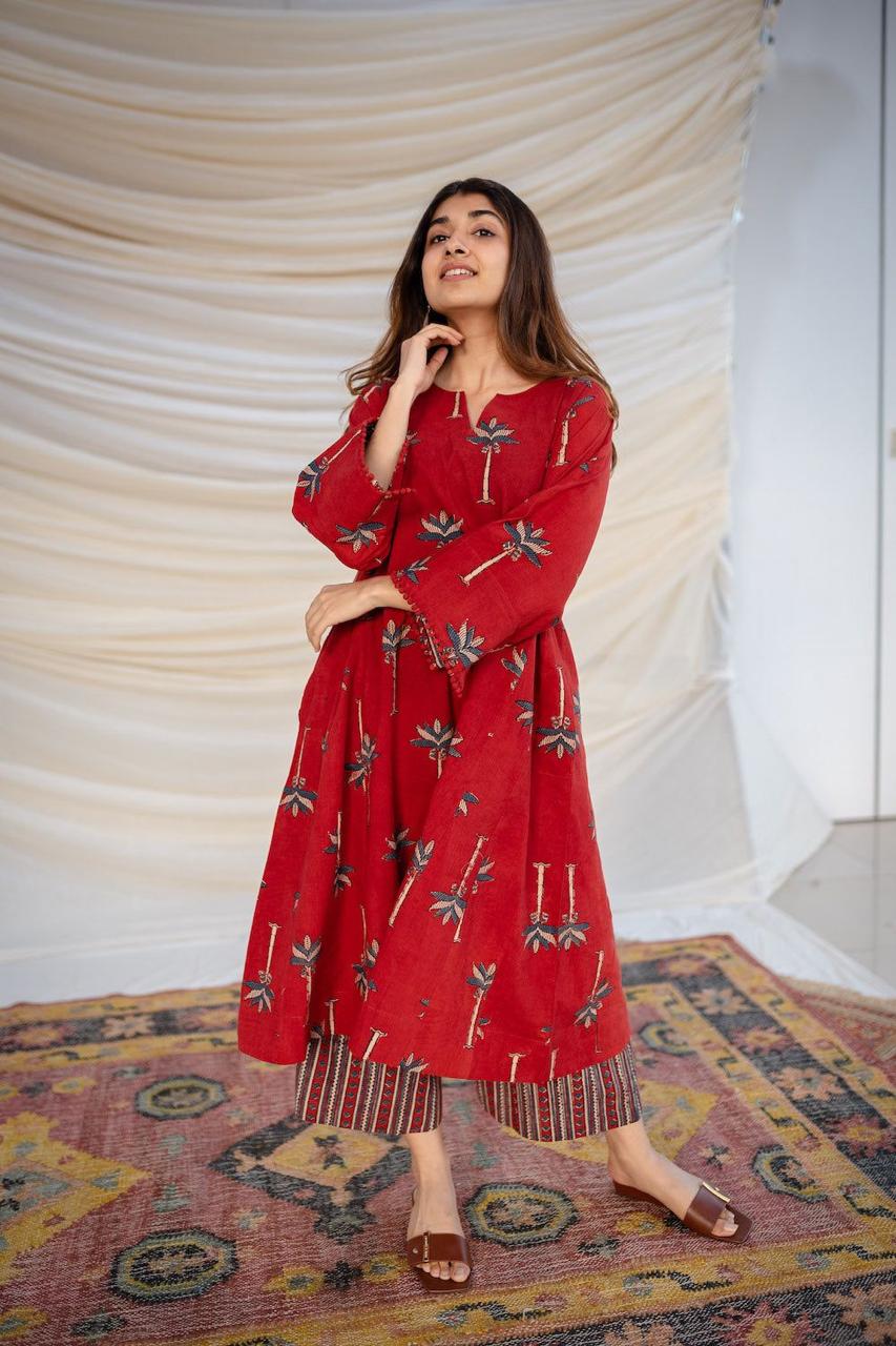 Cotton Kurti with Lace Accents (Pant Included)