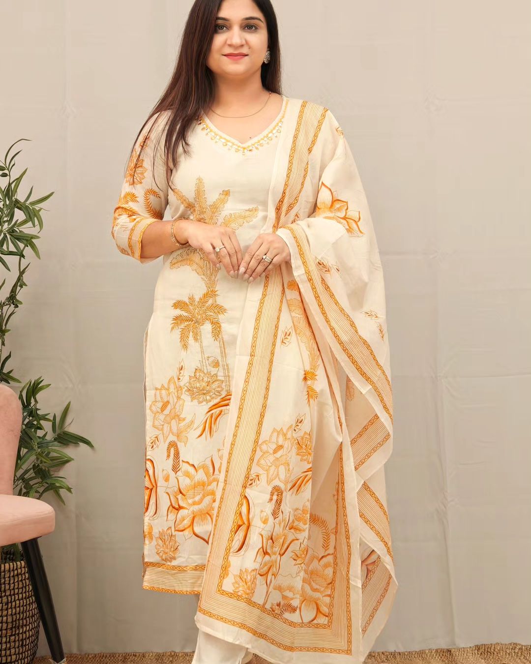 3-Piece Cotton Suit Set with Embroidered Neckline