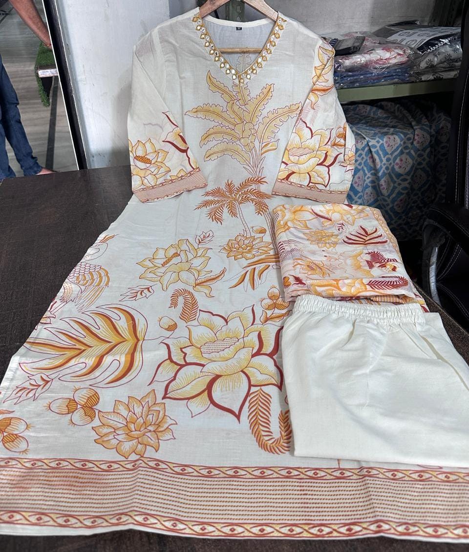 3-Piece Cotton Suit Set with Embroidered Neckline