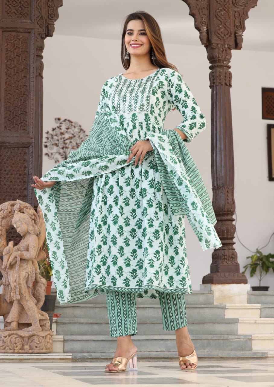 Nayra Cut Kurti Pant With Dupatta Set - Cotton 60*60 Fabric With Mirror Embroidery Work