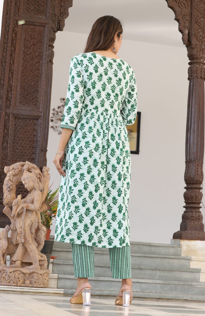 Nayra Cut Kurti Pant With Dupatta Set - Cotton 60*60 Fabric With Mirror Embroidery Work