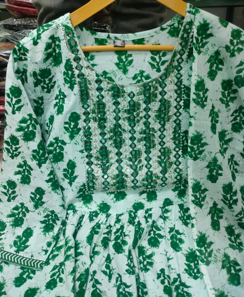 Nayra Cut Kurti Pant With Dupatta Set - Cotton 60*60 Fabric With Mirror Embroidery Work