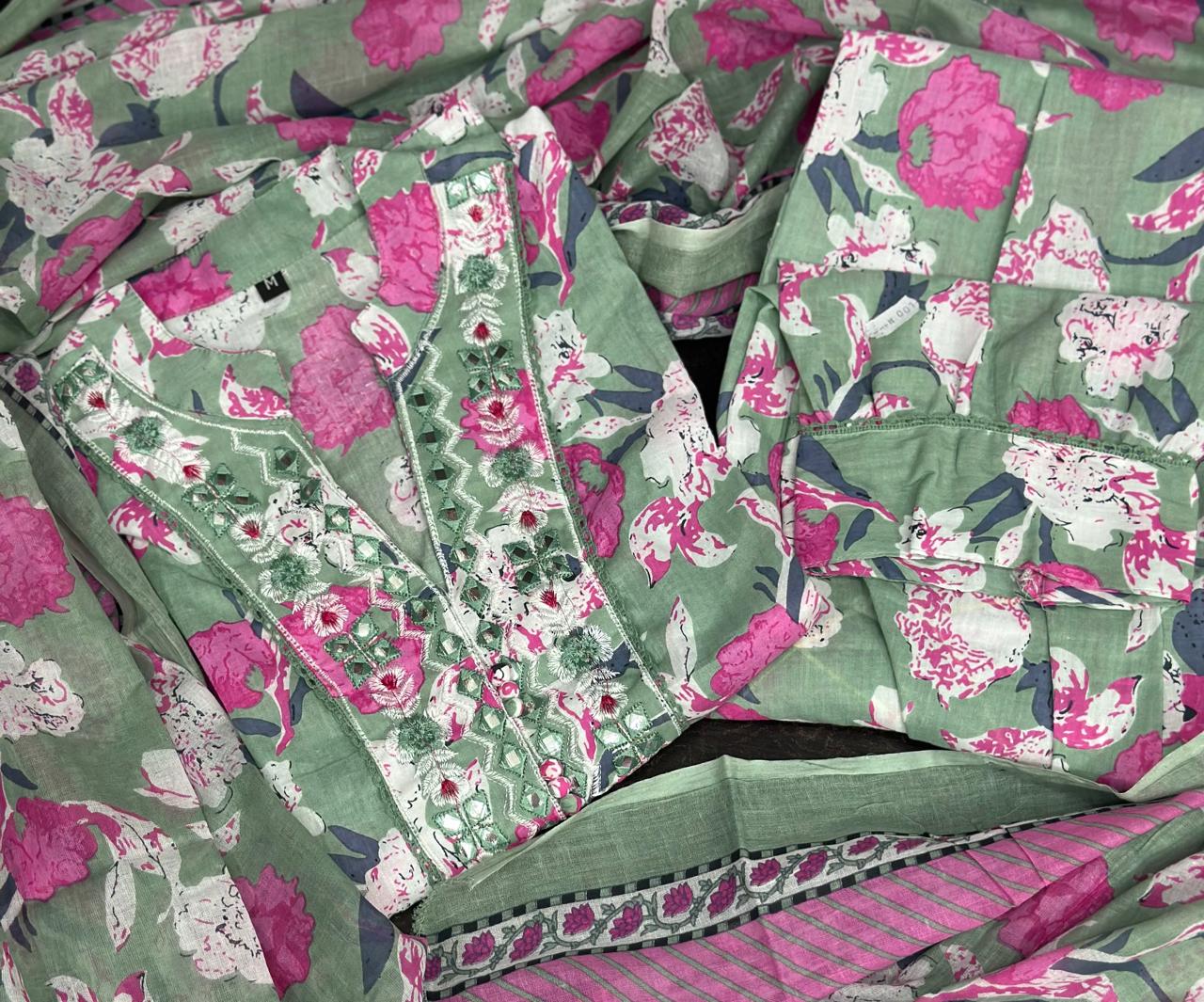 Sanganeri Block Print Kurta Set with Embroidered Details & Afghani Pant