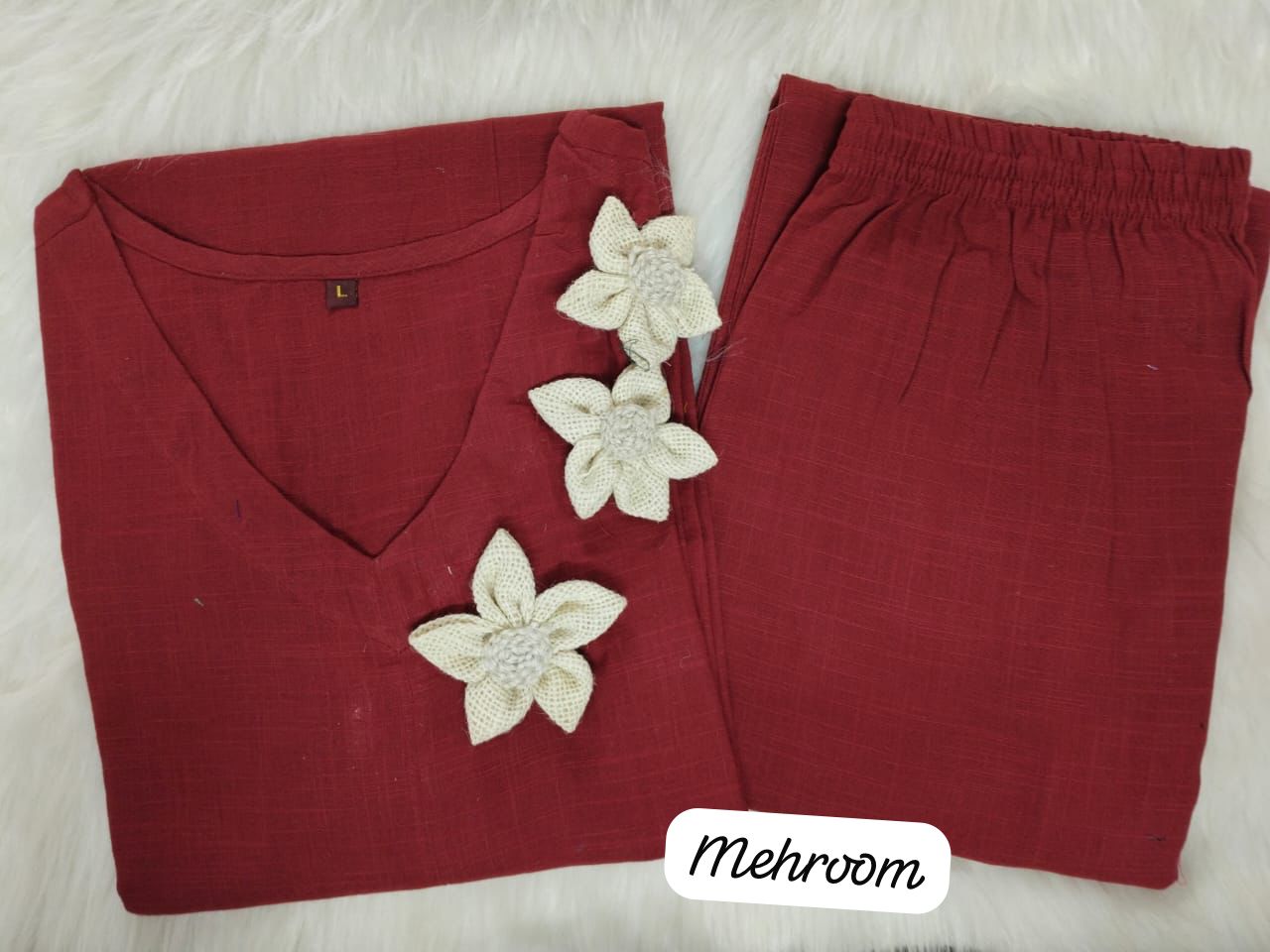 Cotton Slub Kurta Set with Jute Flower Embroidery & Plazo – 45” Length, Side Pockets