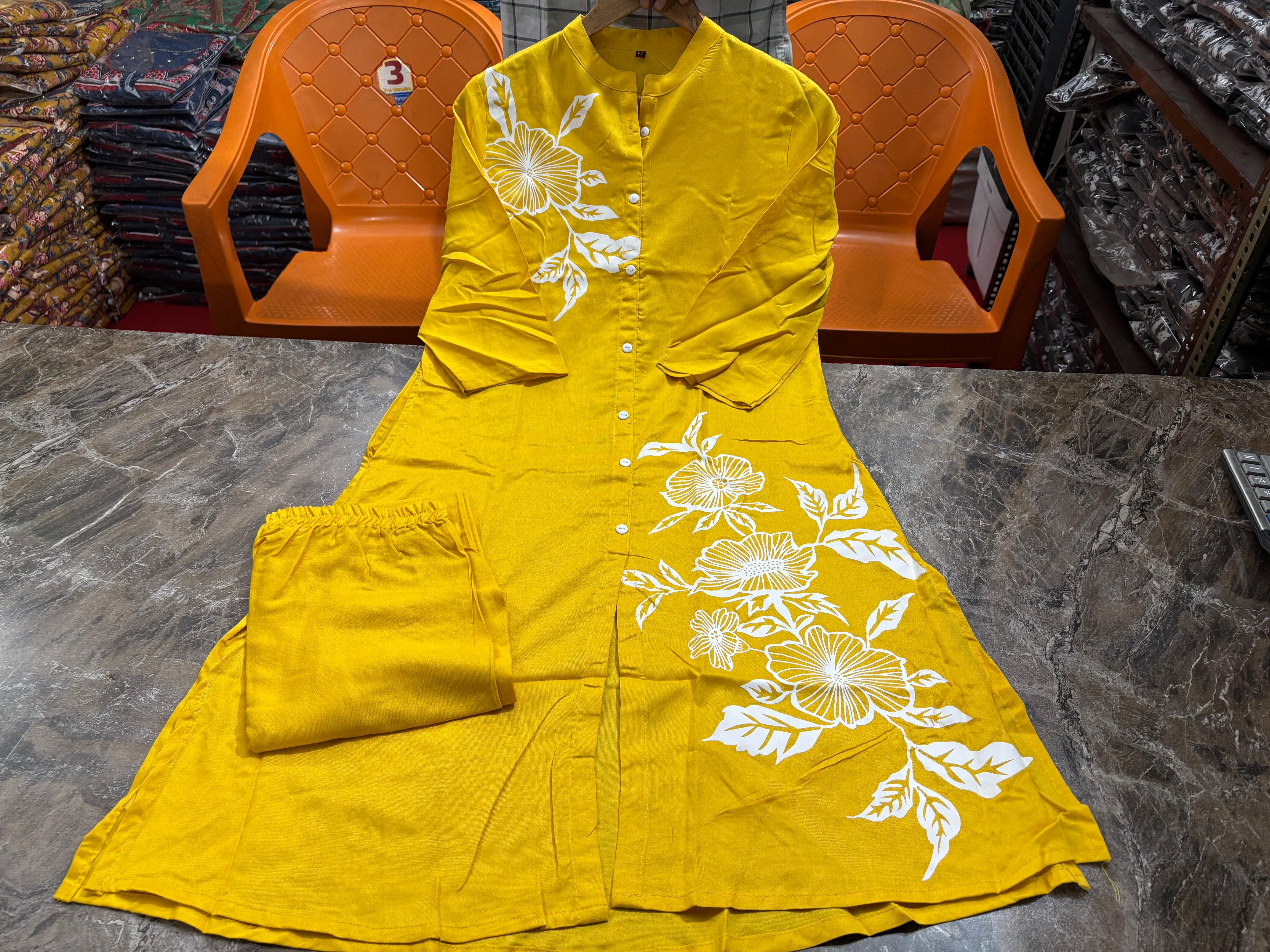 Rayon Co-ord Set for Women – 3/4 Sleeve Kurti & Matching Pant – 45” Kurti Length