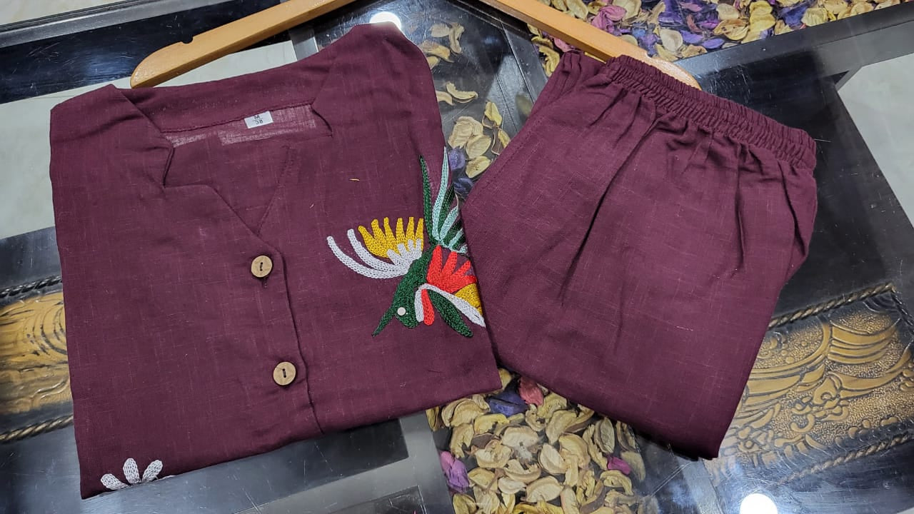 Cotton Slub Aari Work Co-Ord Set – Bird & Floral Embroidery