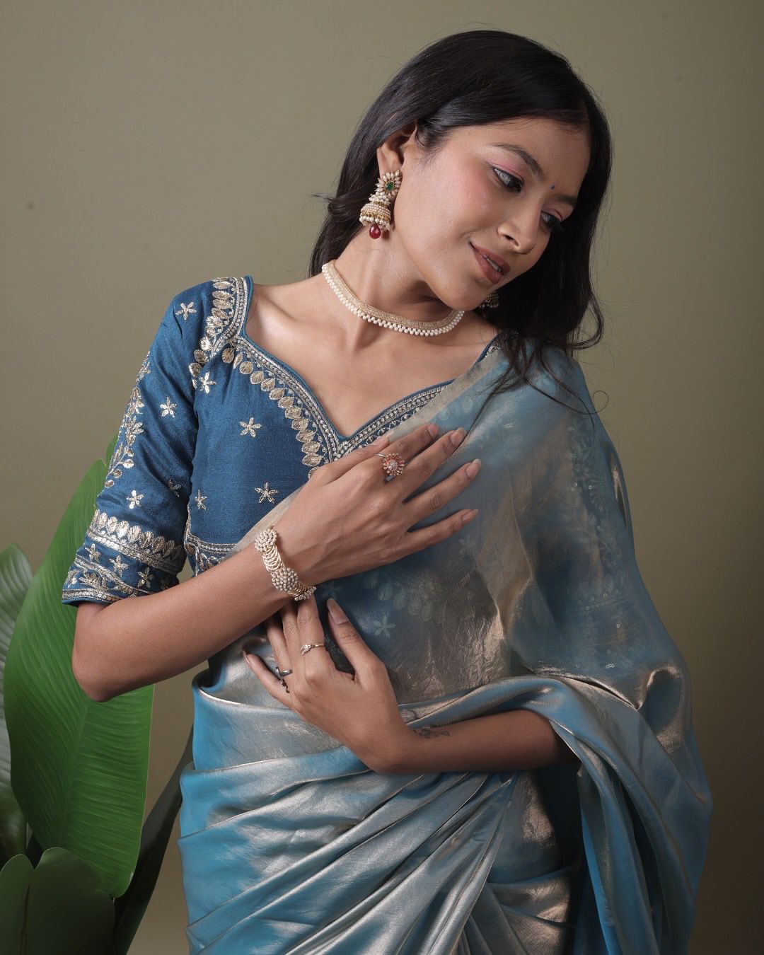 Light Blue Organza Saree with  Free Size Stitched Blouse