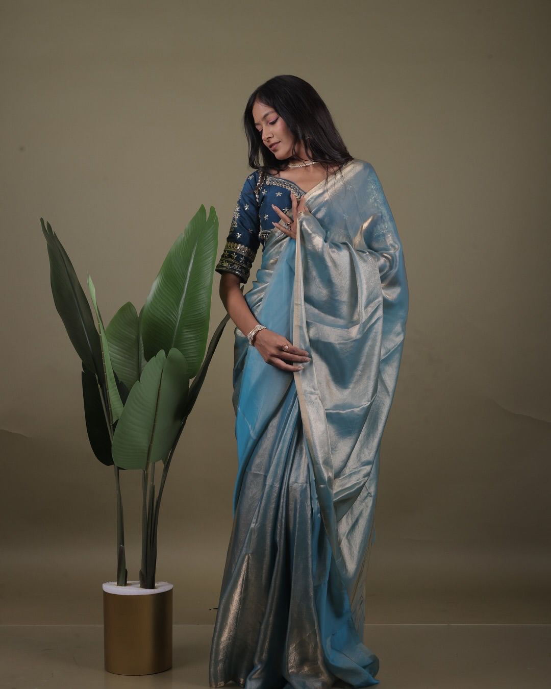 Light Blue Organza Saree with  Free Size Stitched Blouse