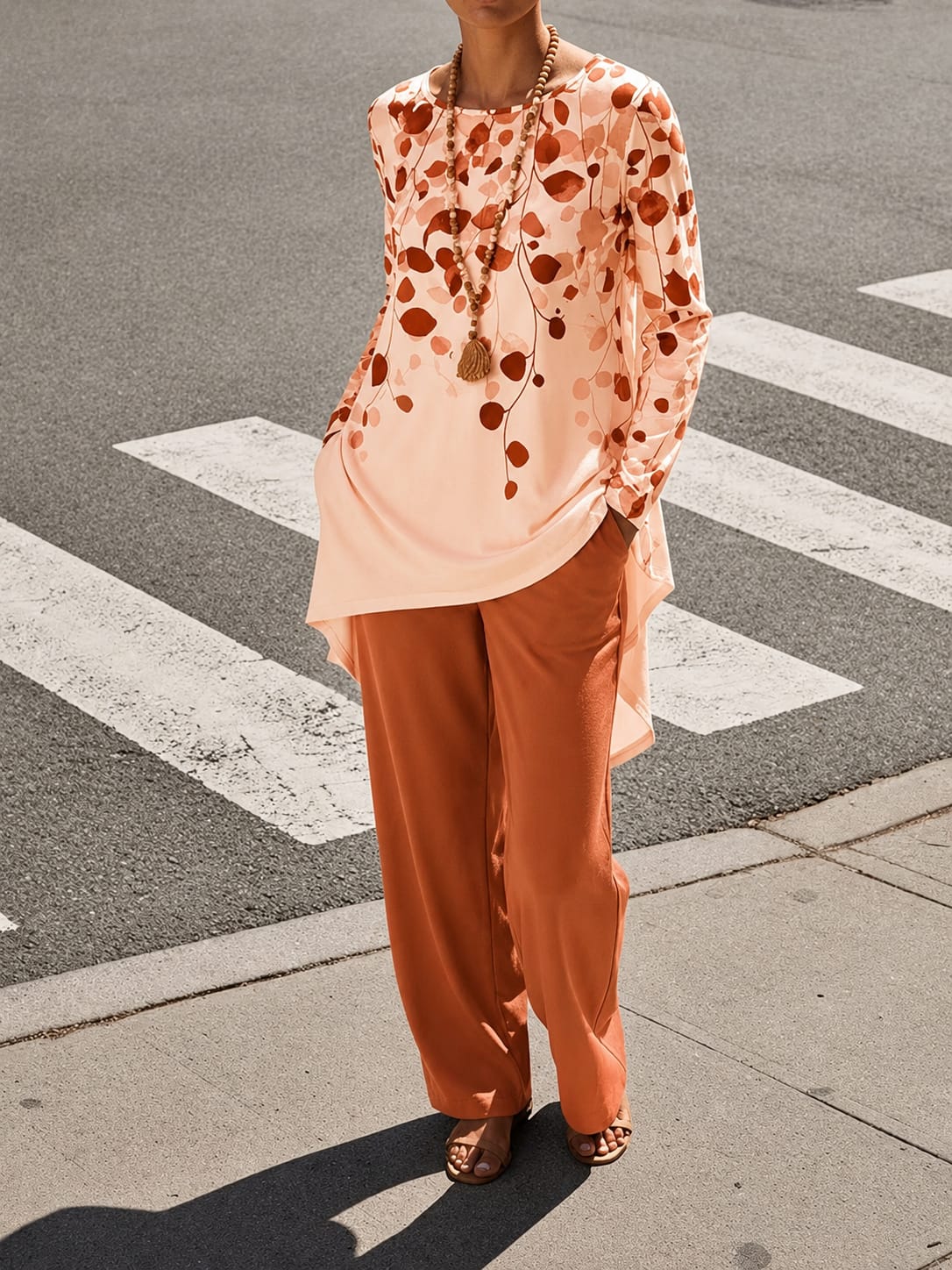 Women's Plus Size Leaf Print Top & Wide-Leg Pants Set