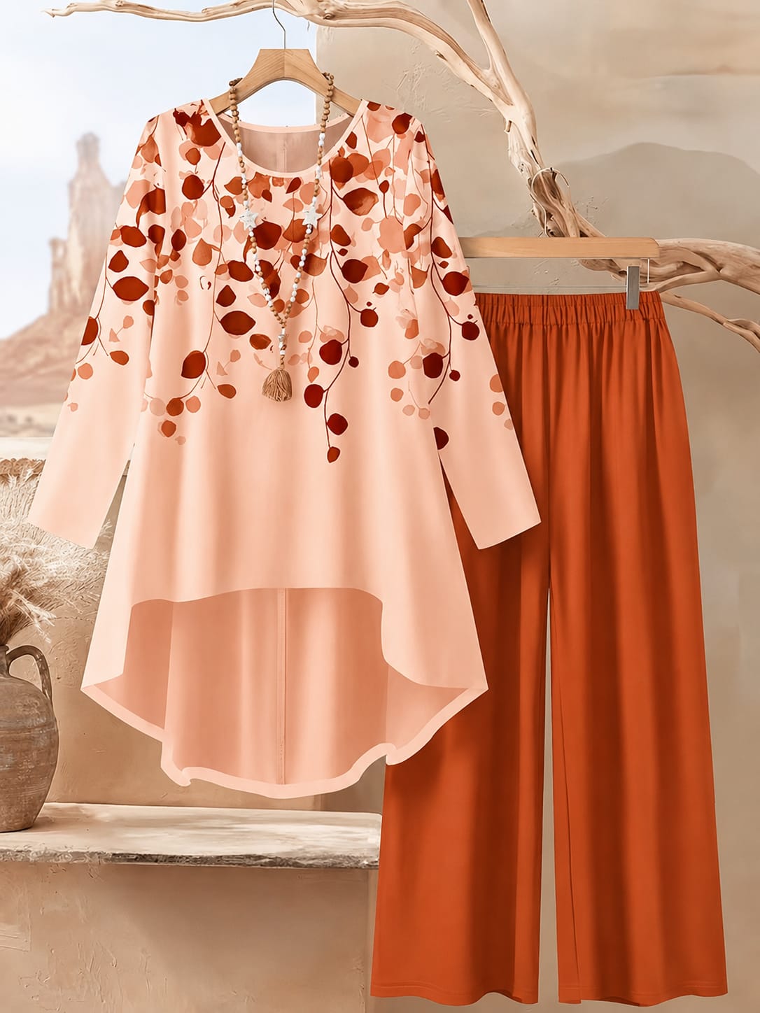 Women's Plus Size Leaf Print Top & Wide-Leg Pants Set