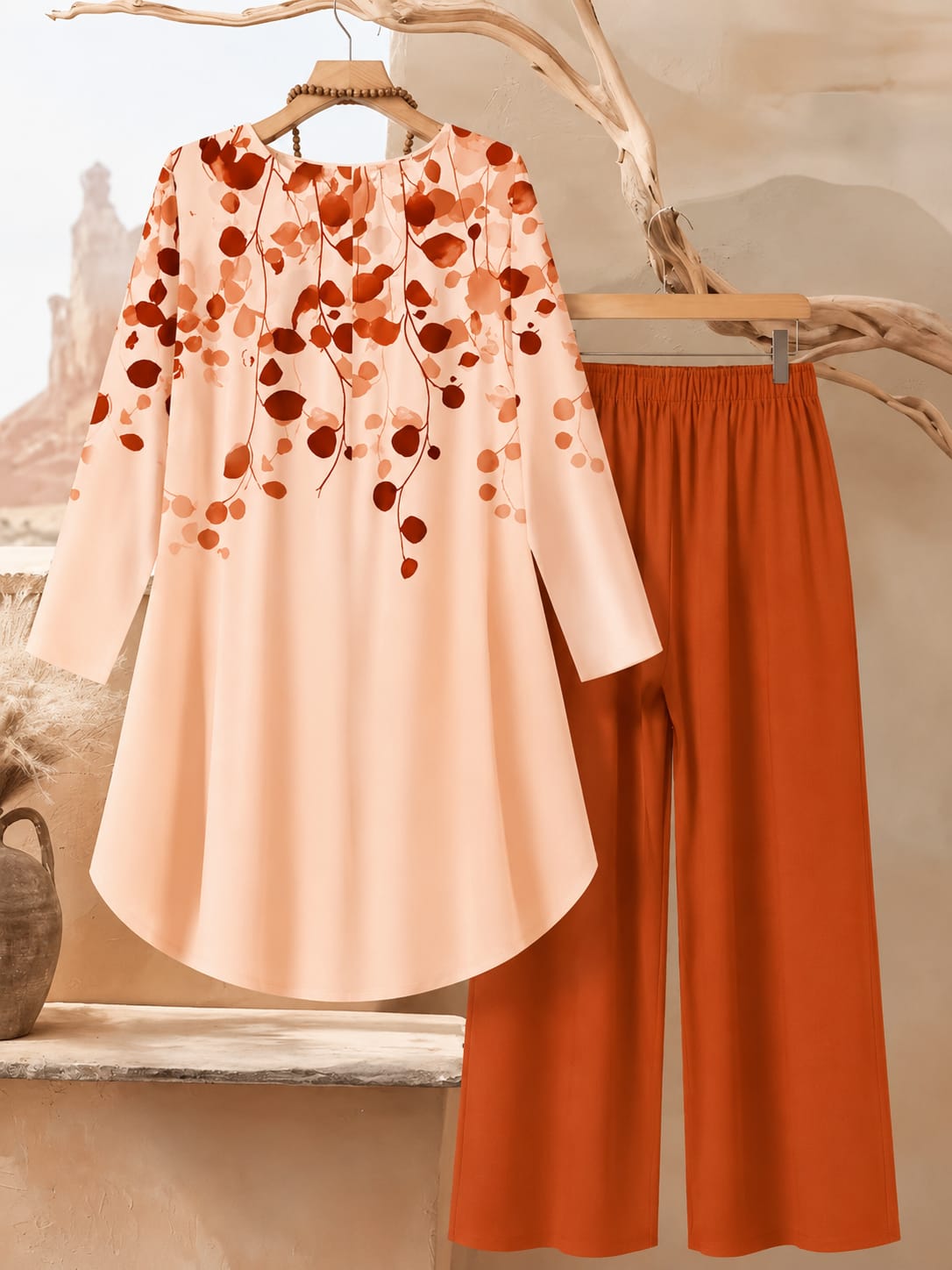 Women's Plus Size Leaf Print Top & Wide-Leg Pants Set