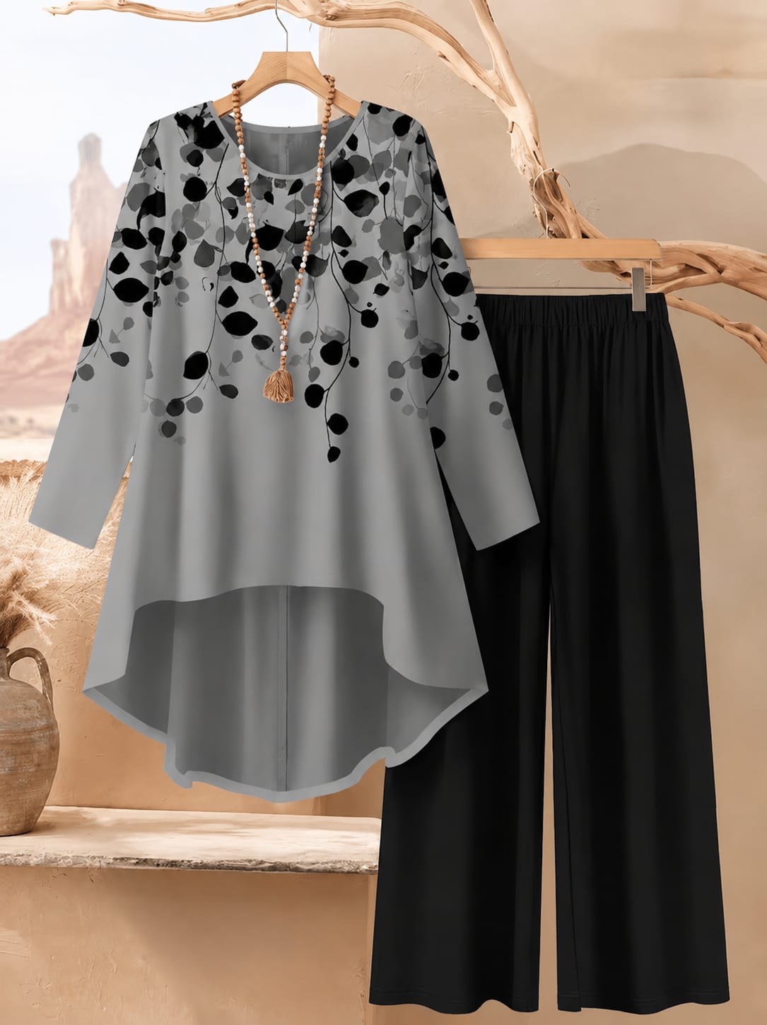 Women's Plus Size Leaf Print Top & Wide-Leg Pants Set