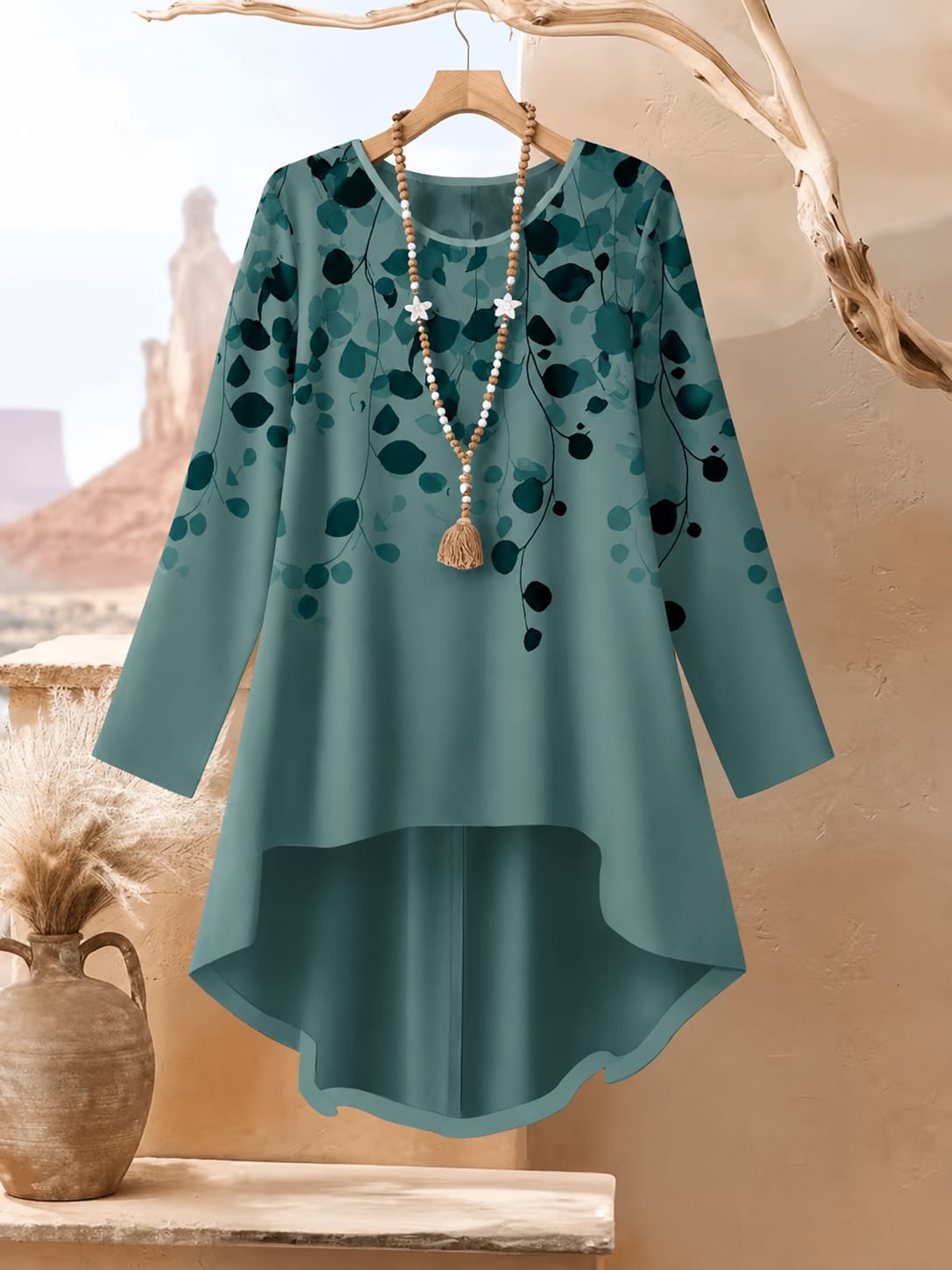 Women's Plus Size Leaf Print Top & Wide-Leg Pants Set