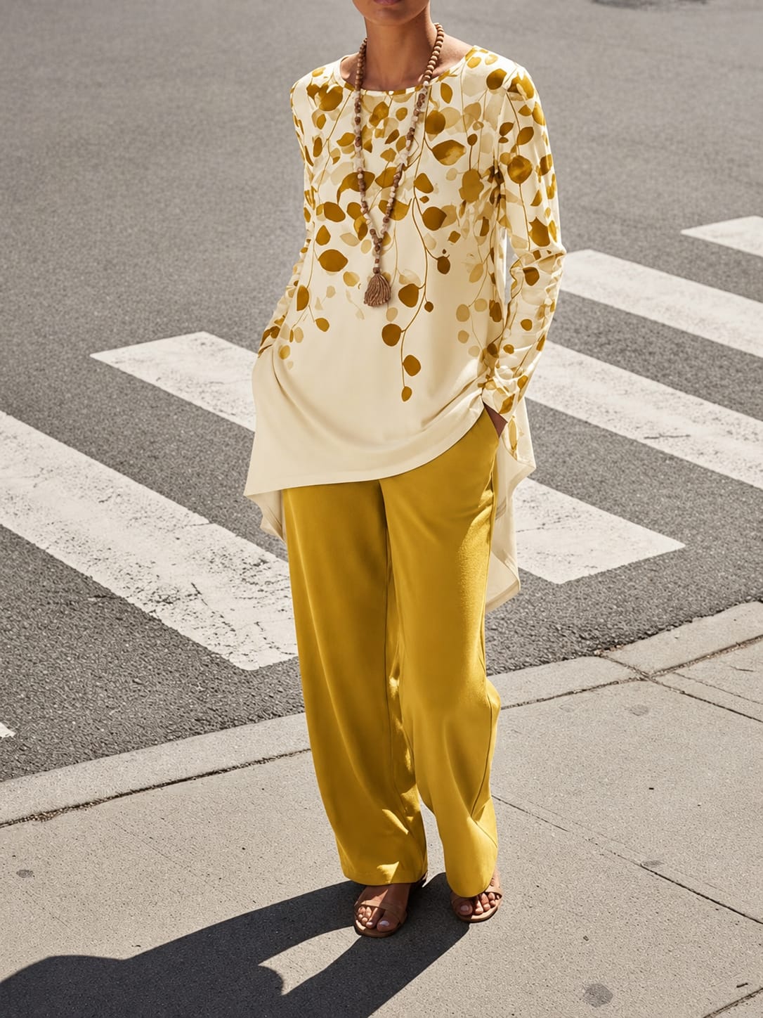 Women's Plus Size Leaf Print Top & Wide-Leg Pants Set
