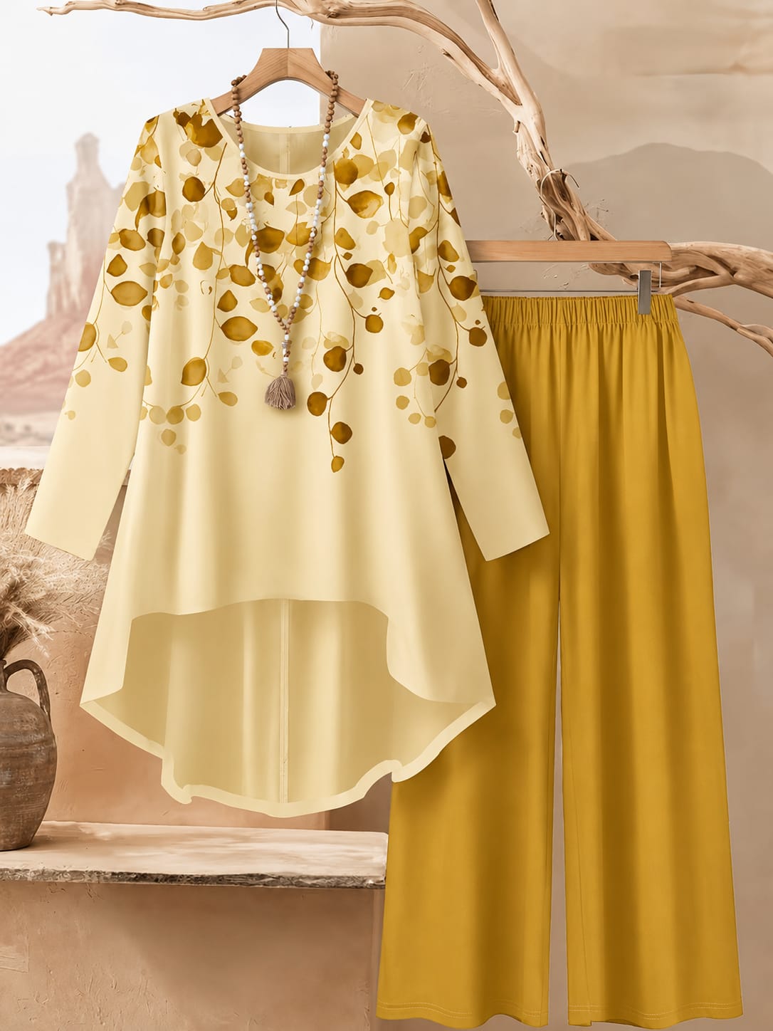 Women's Plus Size Leaf Print Top & Wide-Leg Pants Set