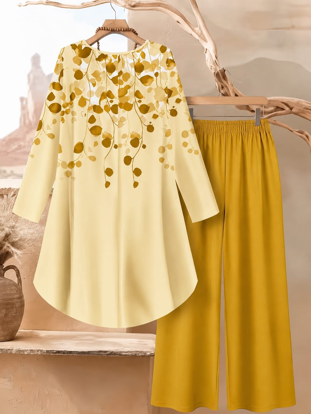 Women's Plus Size Leaf Print Top & Wide-Leg Pants Set