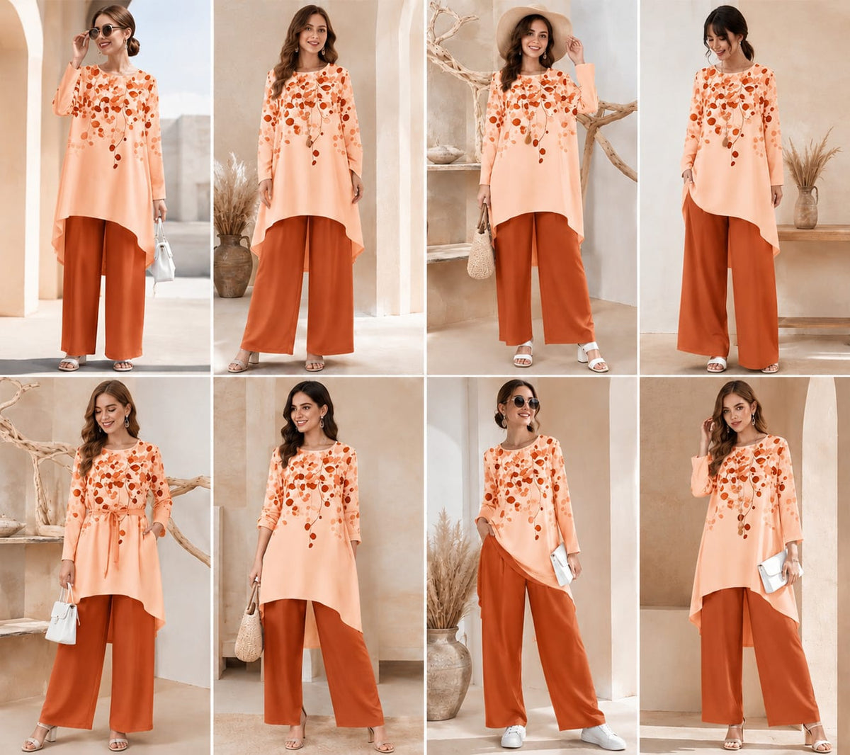 Women's Plus Size Leaf Print Top & Wide-Leg Pants Set