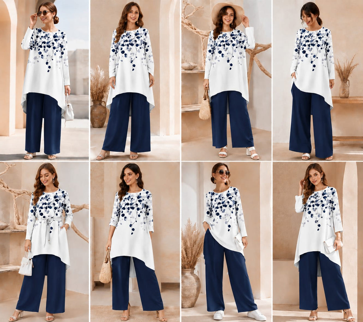 Women's Plus Size Leaf Print Top & Wide-Leg Pants Set
