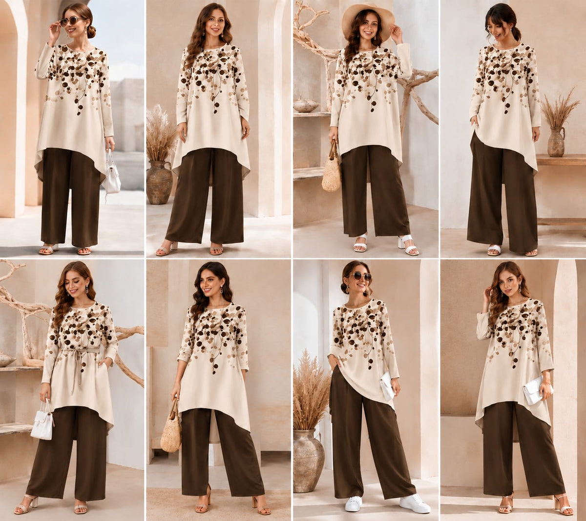 Women's Plus Size Leaf Print Top & Wide-Leg Pants Set