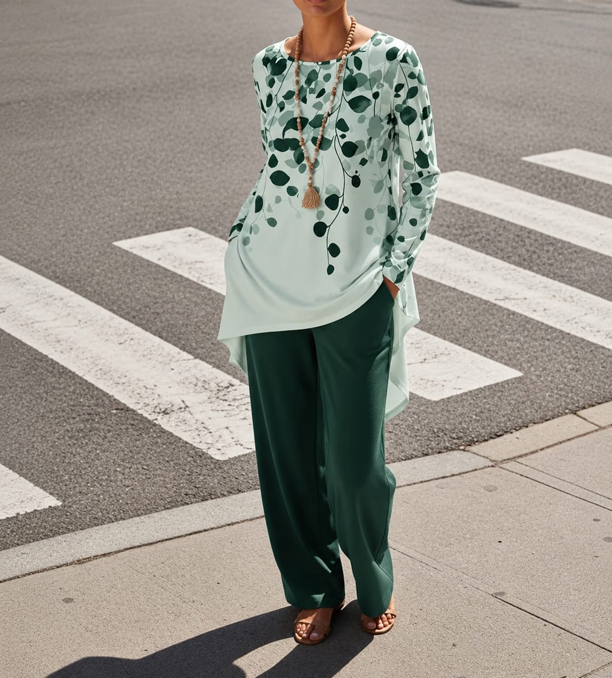 Women's Plus Size Leaf Print Top & Wide-Leg Pants Set
